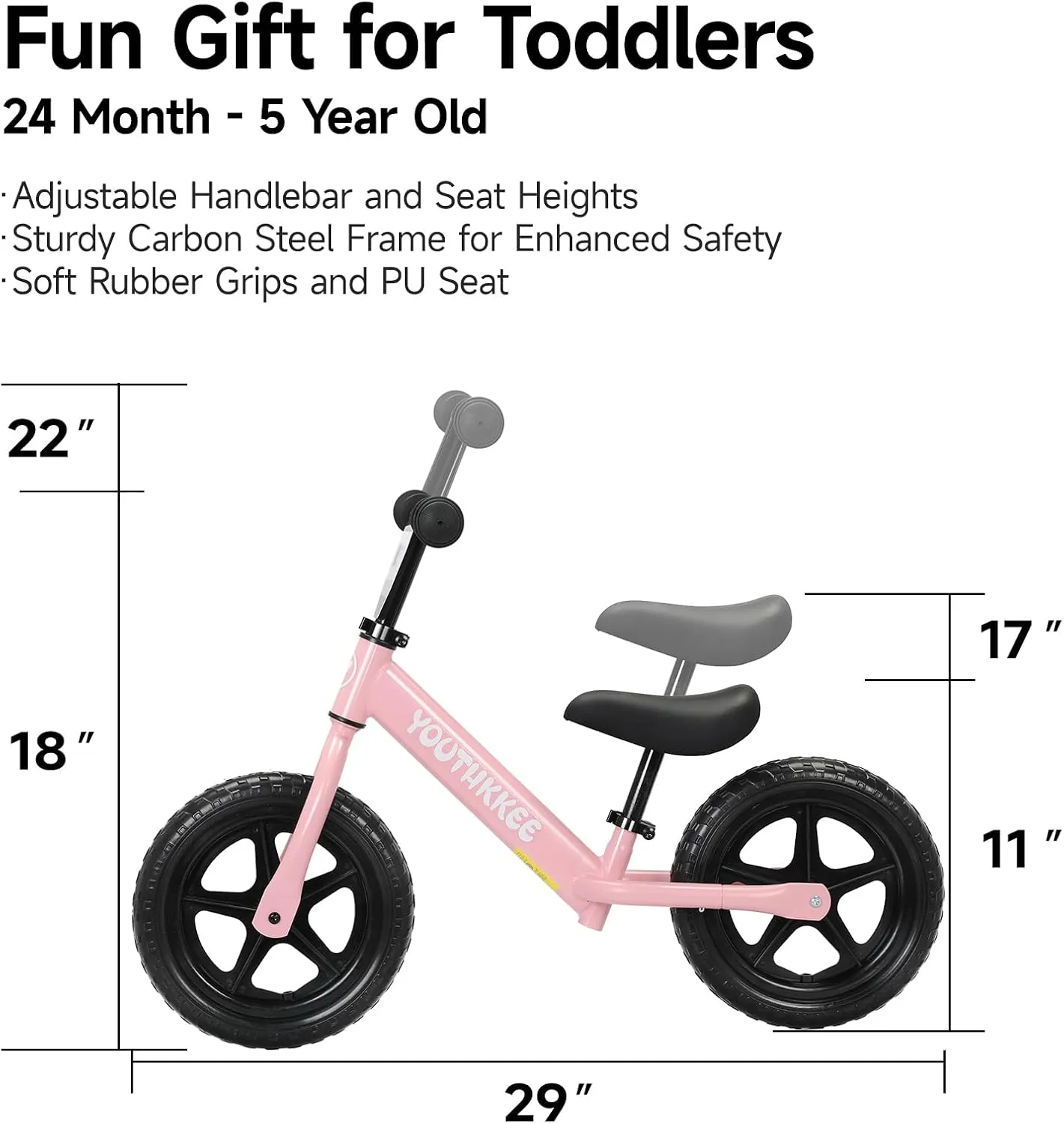 12 Inch Toddler Balance Bike for 2-5 Year Olds, No-Pedal Bike with Tool-Free Adjustable Seat, Quick Assembly, Gift for 2-3 Year Old Boys & Girls with Customizable Plate