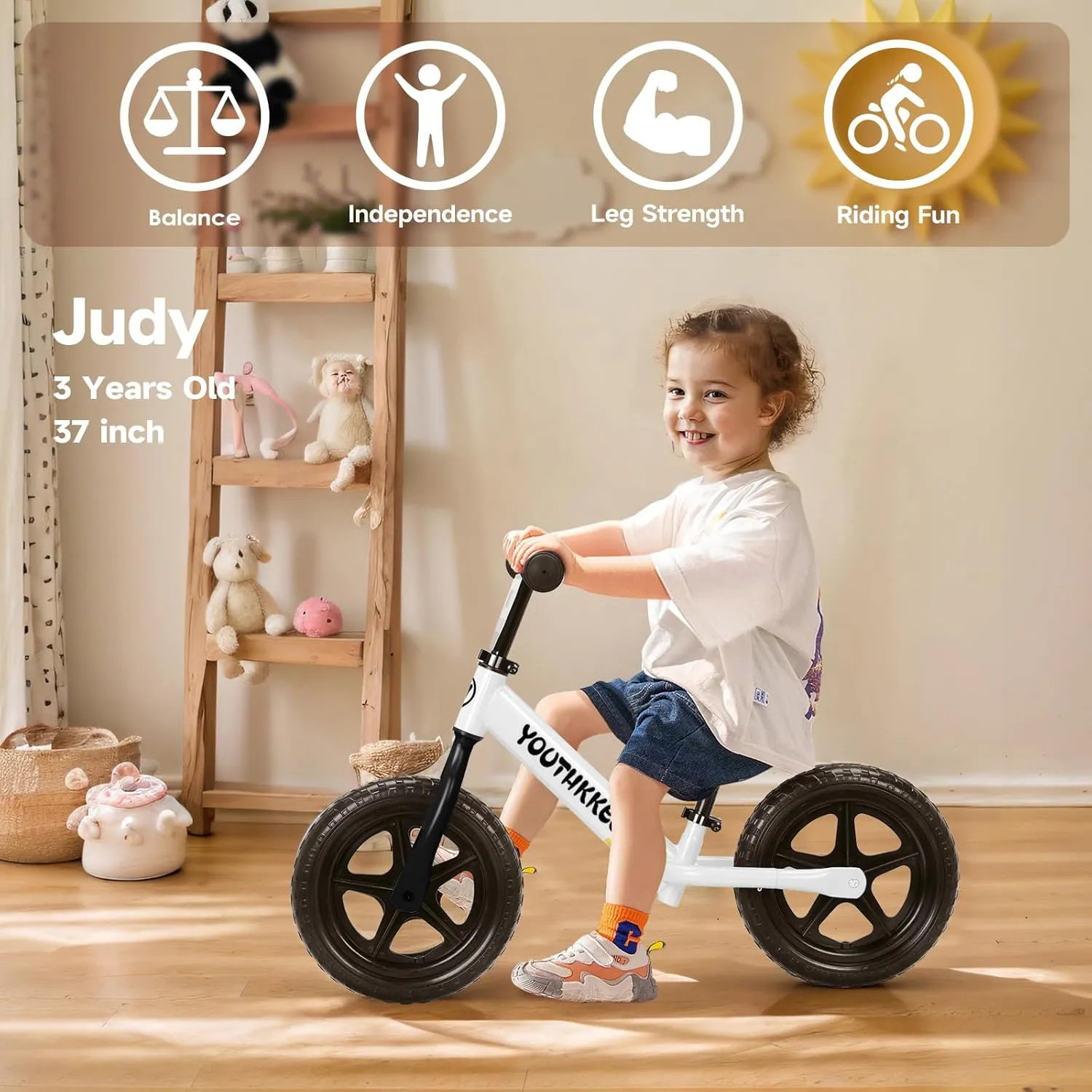 12 Inch Toddler Balance Bike for 2-5 Year Olds, No-Pedal Bike with Tool-Free Adjustable Seat, Quick Assembly, Gift for 2-3 Year Old Boys & Girls with Customizable Plate