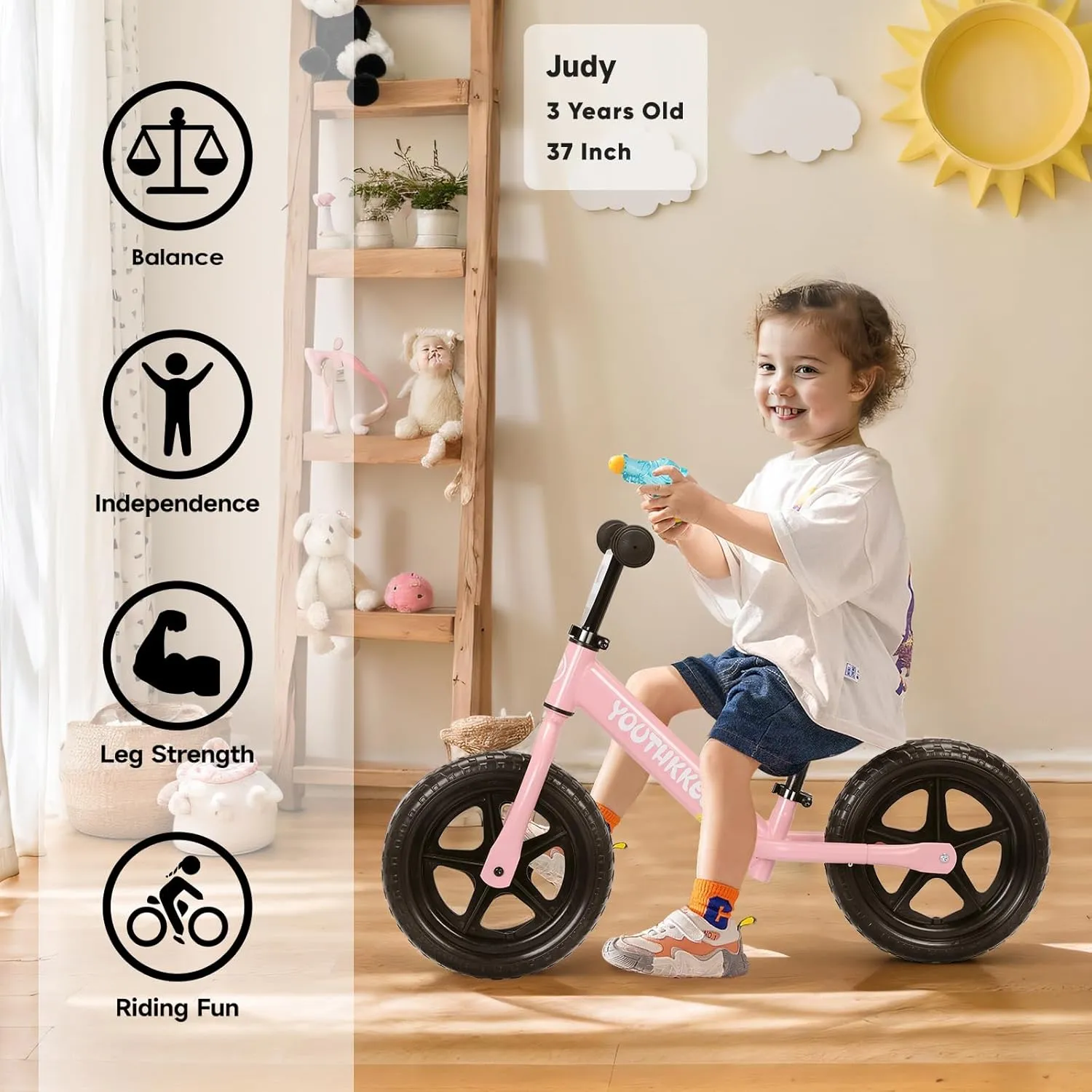 12 Inch Toddler Balance Bike for 2-5 Year Olds, No-Pedal Bike with Tool-Free Adjustable Seat, Quick Assembly, Gift for 2-3 Year Old Boys & Girls with Customizable Plate