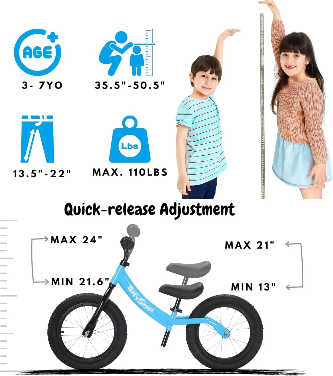 14 Inch Balance Bike for Kids 3-7 Year Old, Kids Bike with No Pedals, Air Rubber Tires, Adjustable Height, Foot Rest, Pedalless Kids Bicycle Boys, Girls