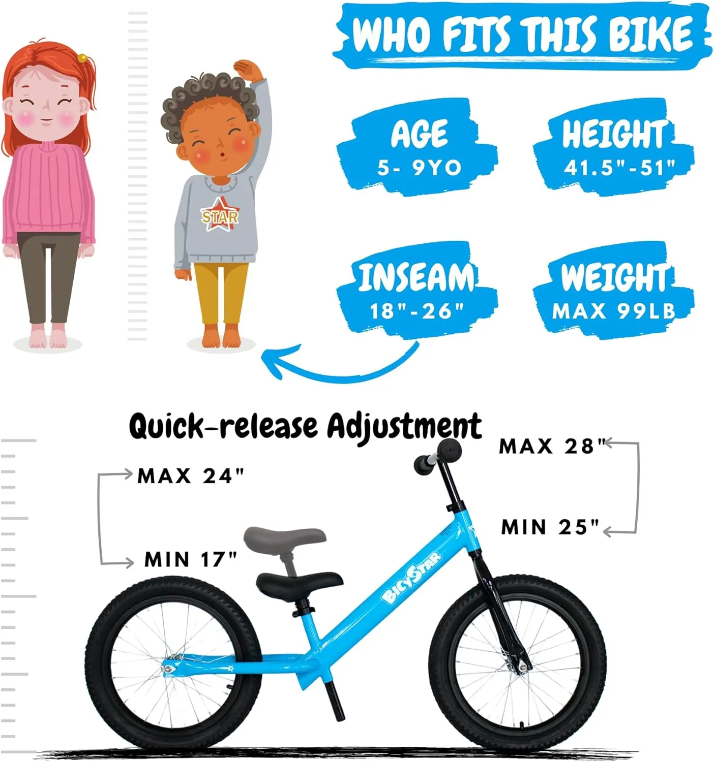 16 Inch Balance Bike, Toddler Bicycle Ages 5-8, Air Tires, Footrests, No Pedals Push Bike, Toddler Outdoor Toy Bike for Kids, Boys Girls