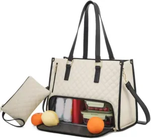 2 in 1 Tote Bag Lunch Bag Combo, 15.6 Inch Leakproof Tote Bags with Insulated Lunch Compartment, Large Capacity Computer Handbags for Women, Laptop Handbags with Purse for Business, Work (Beige)