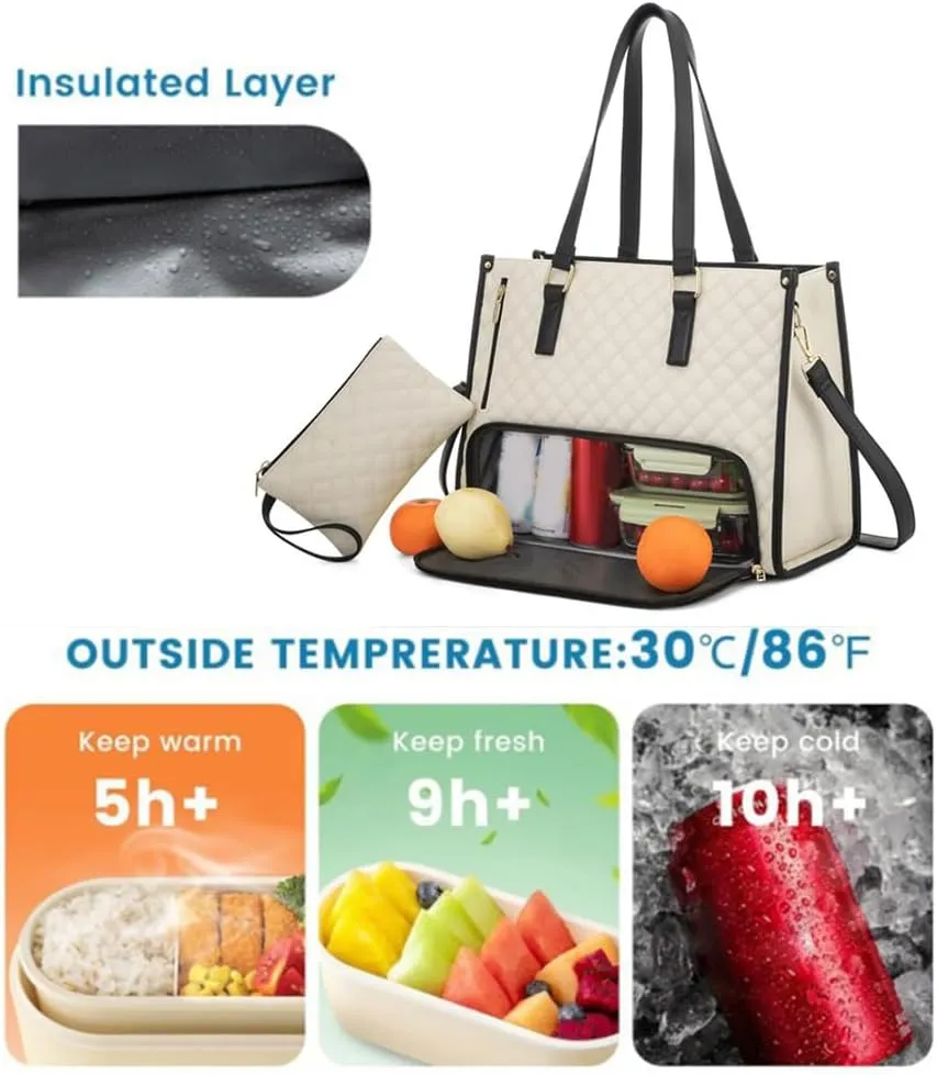 2 in 1 Tote Bag Lunch Bag Combo, 15.6 Inch Leakproof Tote Bags with Insulated Lunch Compartment, Large Capacity Computer Handbags for Women, Laptop Handbags with Purse for Business, Work (Beige)