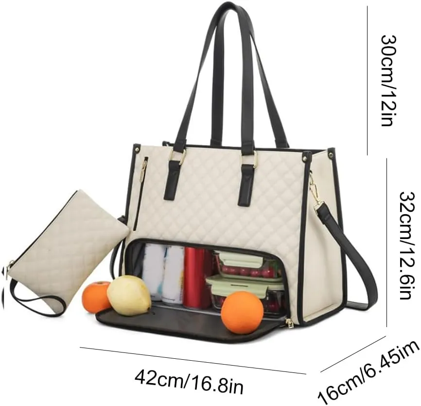 2 in 1 Tote Bag Lunch Bag Combo, 15.6 Inch Leakproof Tote Bags with Insulated Lunch Compartment, Large Capacity Computer Handbags for Women, Laptop Handbags with Purse for Business, Work (Beige)