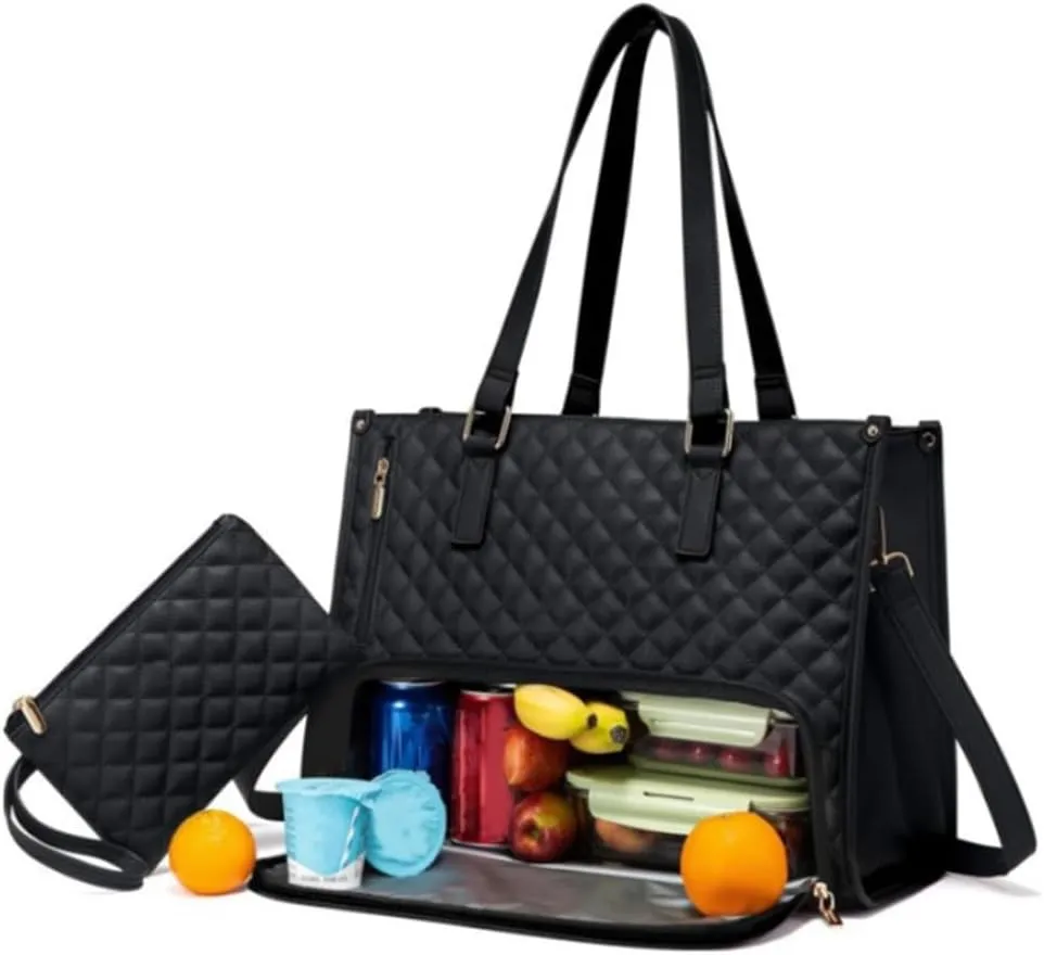2 in 1 Tote Bag Lunch Bag Combo, 15.6 Inch Leakproof Tote Bags with Insulated Lunch Compartment, Large Capacity Computer Handbags for Women, Laptop Handbags with Purse for Business, Work (Black)