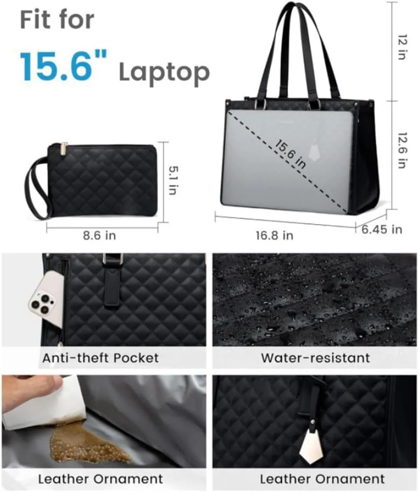 2 in 1 Tote Bag Lunch Bag Combo, 15.6 Inch Leakproof Tote Bags with Insulated Lunch Compartment, Large Capacity Computer Handbags for Women, Laptop Handbags with Purse for Business, Work (Black)