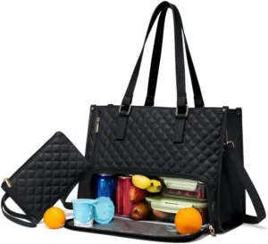 2 in 1 Tote Bag Lunch Bag Combo, 15.6 Inch Leakproof Tote Bags with Insulated Lunch Compartment, Large Capacity Computer Handbags for Women, Laptop Handbags with Purse for Business, Work (Black)