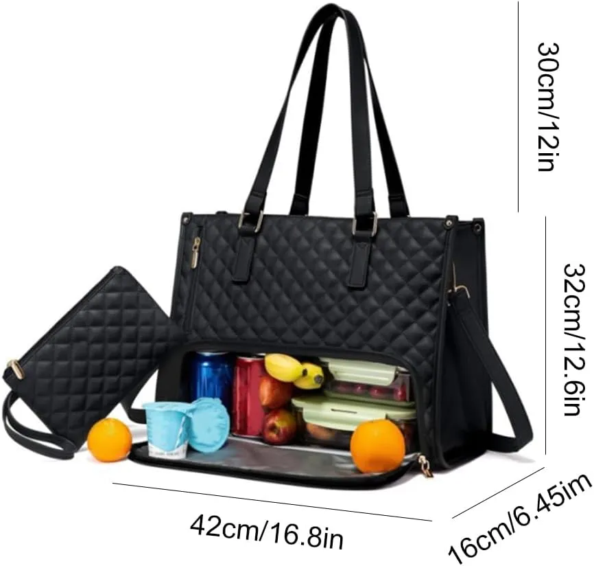 2 in 1 Tote Bag Lunch Bag Combo, 15.6 Inch Leakproof Tote Bags with Insulated Lunch Compartment, Large Capacity Computer Handbags for Women, Laptop Handbags with Purse for Business, Work (Black)