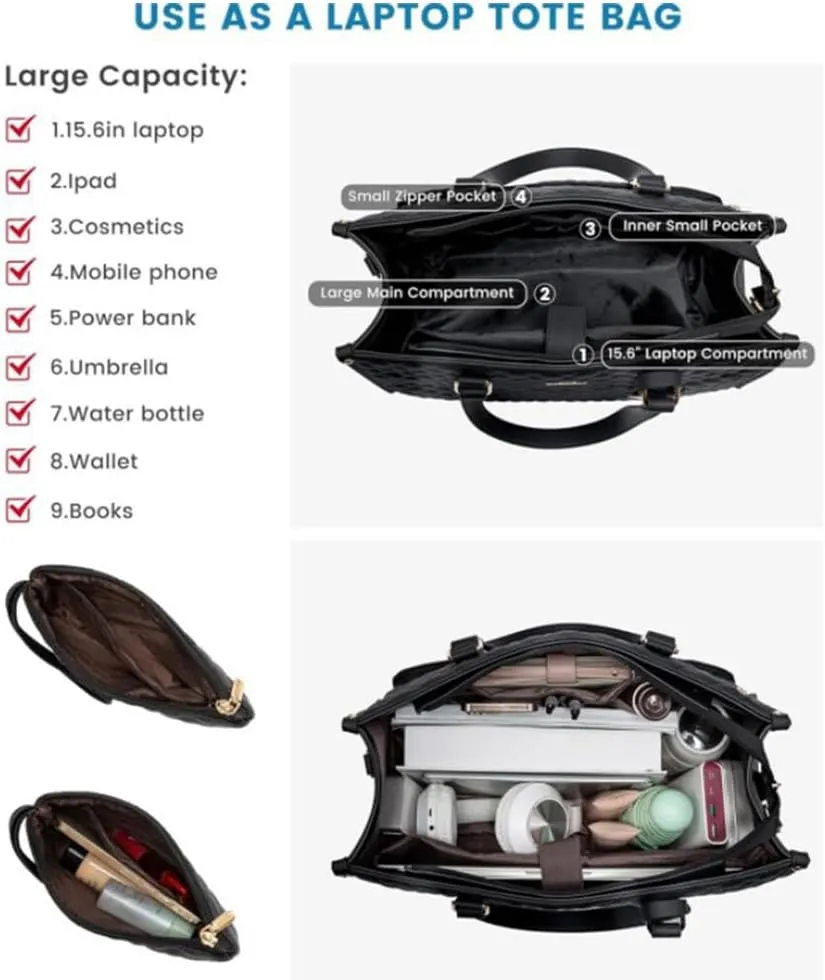 2 in 1 Tote Bag Lunch Bag Combo, 15.6 Inch Leakproof Tote Bags with Insulated Lunch Compartment, Large Capacity Computer Handbags for Women, Laptop Handbags with Purse for Business, Work (Black)