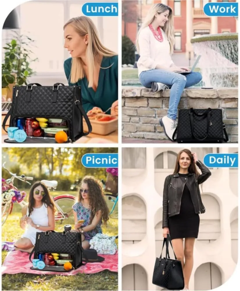 2 in 1 Tote Bag Lunch Bag Combo, 15.6 Inch Leakproof Tote Bags with Insulated Lunch Compartment, Large Capacity Computer Handbags for Women, Laptop Handbags with Purse for Business, Work (Black)