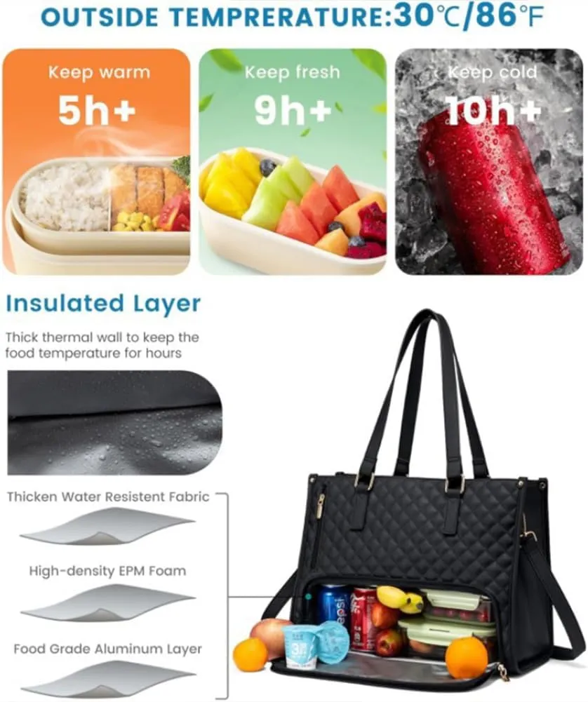 2 in 1 Tote Bag Lunch Bag Combo, 15.6 Inch Leakproof Tote Bags with Insulated Lunch Compartment, Large Capacity Computer Handbags for Women, Laptop Handbags with Purse for Business, Work (Black)