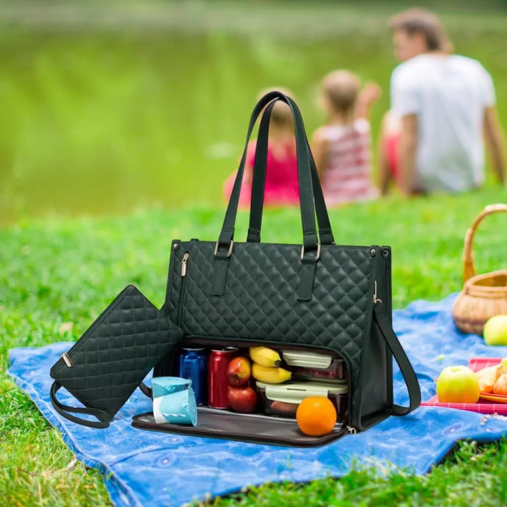 2 in 1 Tote Bag Lunch Bag Combo, 15.6 Inch Leakproof Tote Bags with Insulated Lunch Compartment, Large Capacity Computer Handbags for Women, Laptop Handbags with Purse for Business, Work (Dark Green)