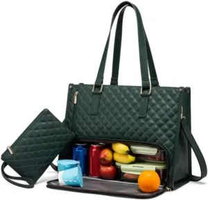 2 in 1 Tote Bag Lunch Bag Combo, 15.6 Inch Leakproof Tote Bags with Insulated Lunch Compartment, Large Capacity Computer Handbags for Women, Laptop Handbags with Purse for Business, Work (Dark Green)