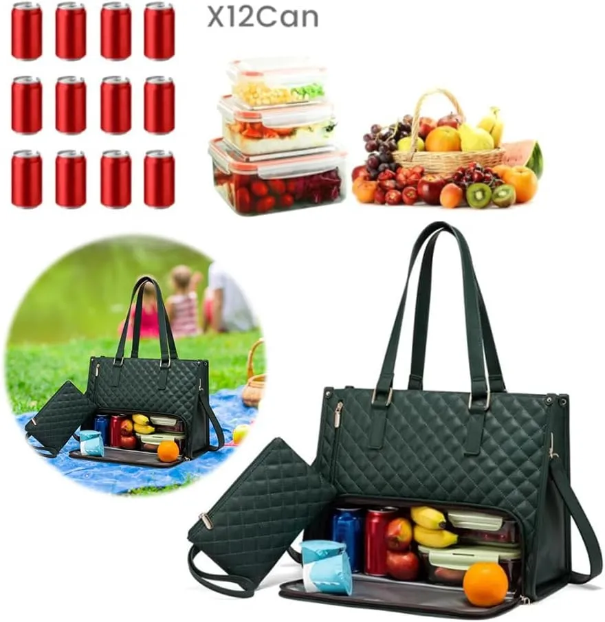 2 in 1 Tote Bag Lunch Bag Combo, 15.6 Inch Leakproof Tote Bags with Insulated Lunch Compartment, Large Capacity Computer Handbags for Women, Laptop Handbags with Purse for Business, Work (Dark Green)