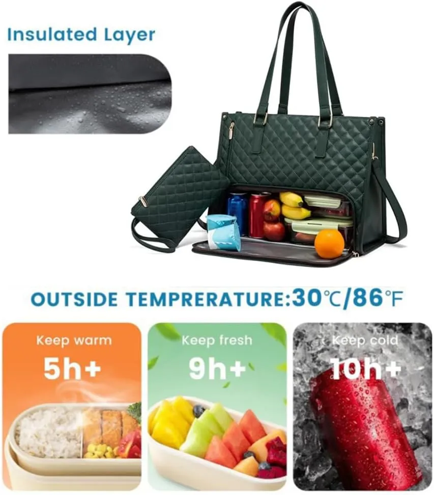 2 in 1 Tote Bag Lunch Bag Combo, 15.6 Inch Leakproof Tote Bags with Insulated Lunch Compartment, Large Capacity Computer Handbags for Women, Laptop Handbags with Purse for Business, Work (Dark Green)
