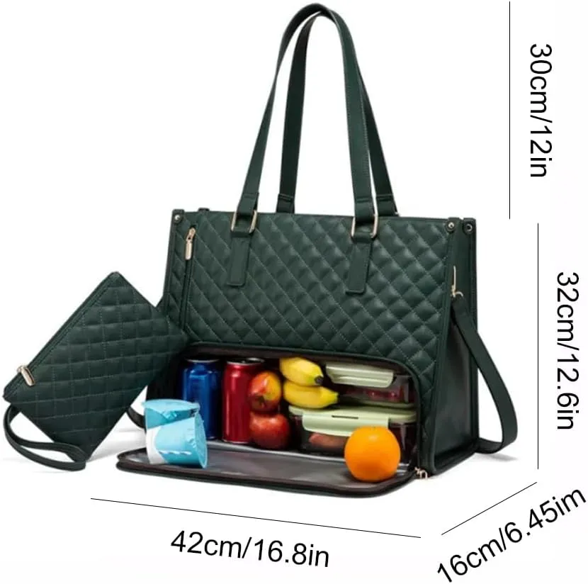 2 in 1 Tote Bag Lunch Bag Combo, 15.6 Inch Leakproof Tote Bags with Insulated Lunch Compartment, Large Capacity Computer Handbags for Women, Laptop Handbags with Purse for Business, Work (Dark Green)