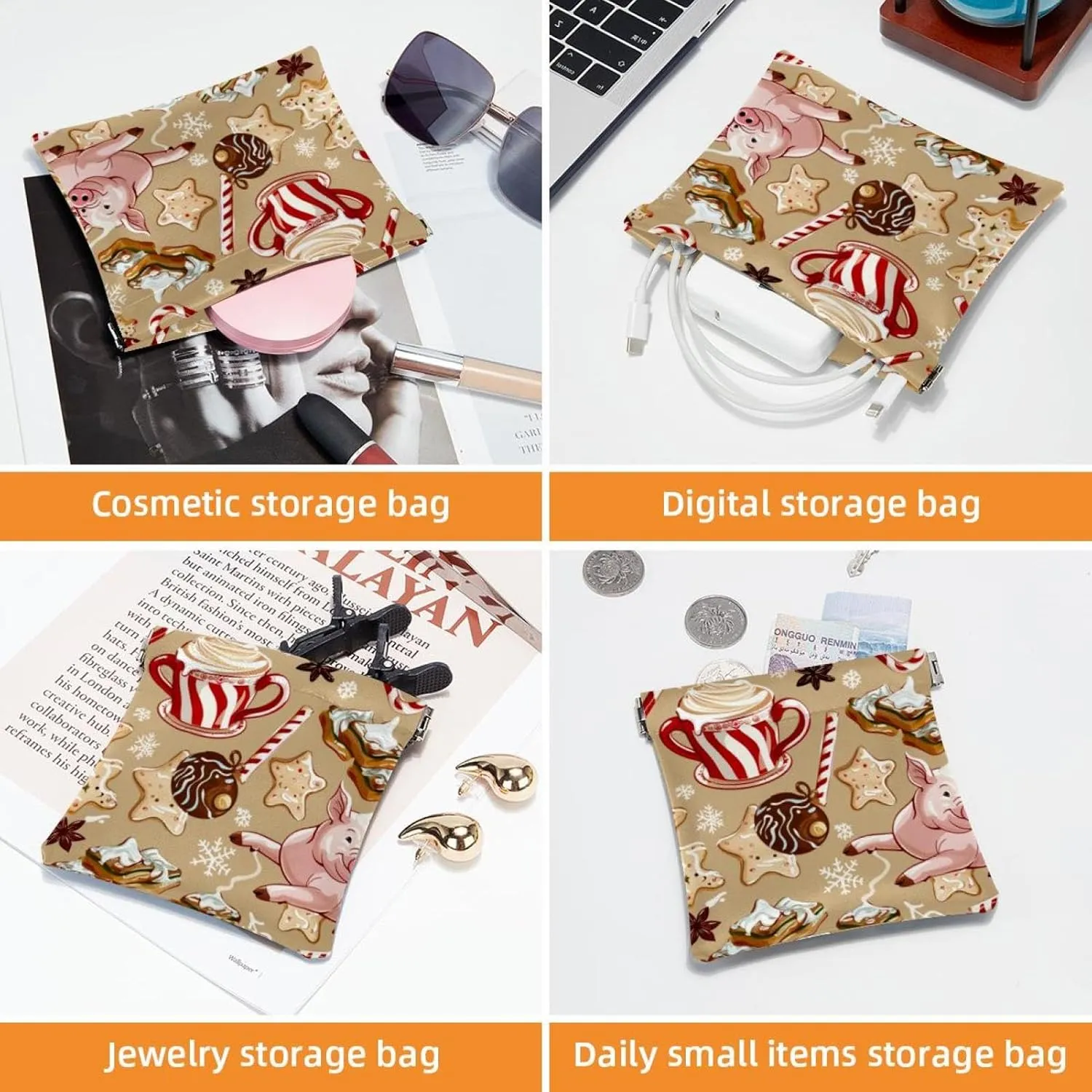 2 Pack Faux Leather Pocket Cosmetic Bag, Small Travel Kit Storage Pouch, Self-Closing Pouches for Purse, Mini Pocket Makeup Bag for Lipstick, Christmas Santa Pig