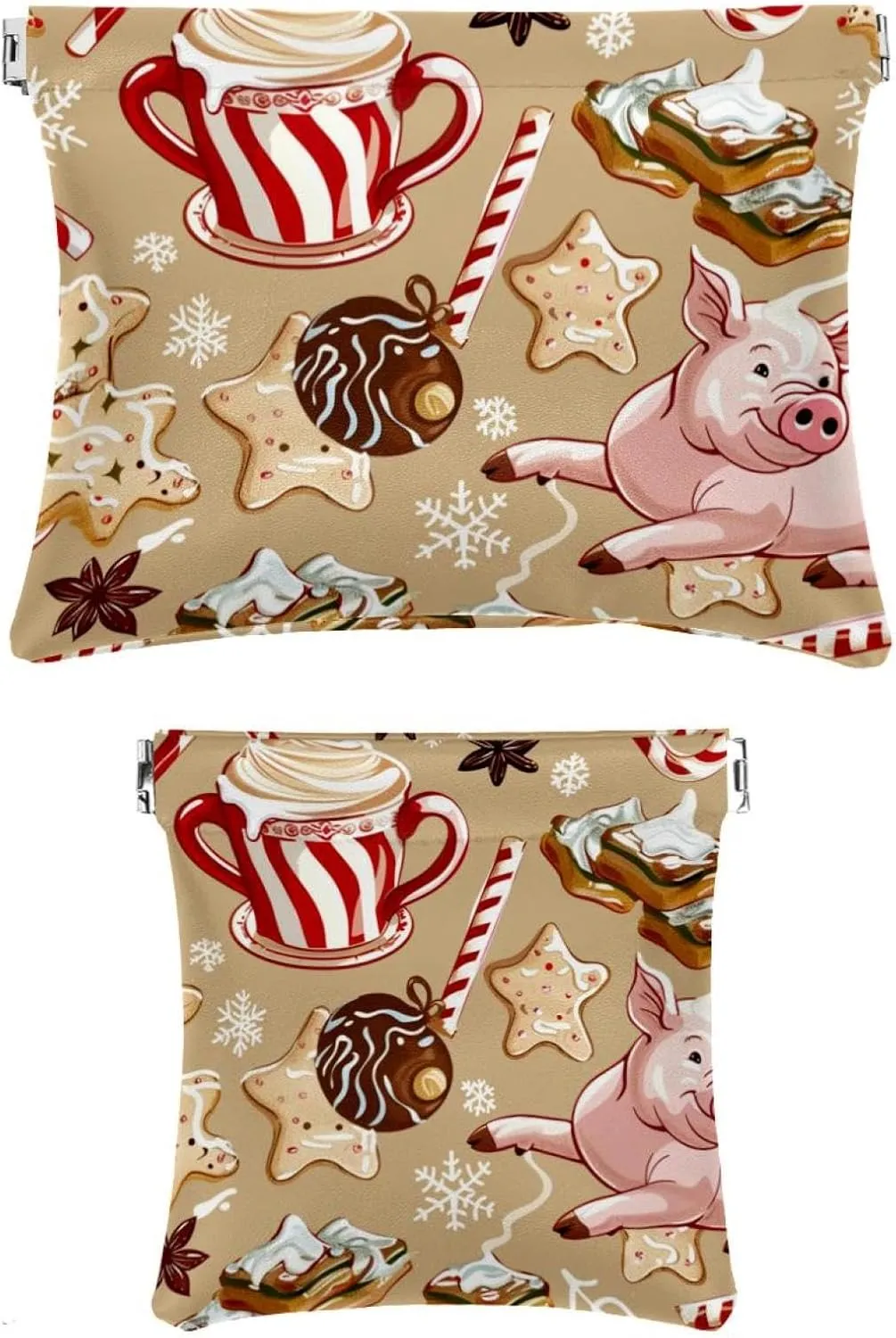 2 Pack Faux Leather Pocket Cosmetic Bag, Small Travel Kit Storage Pouch, Self-Closing Pouches for Purse, Mini Pocket Makeup Bag for Lipstick, Christmas Santa Pig