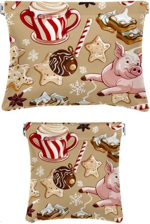 2 Pack Faux Leather Pocket Cosmetic Bag, Small Travel Kit Storage Pouch, Self-Closing Pouches for Purse, Mini Pocket Makeup Bag for Lipstick, Christmas Santa Pig