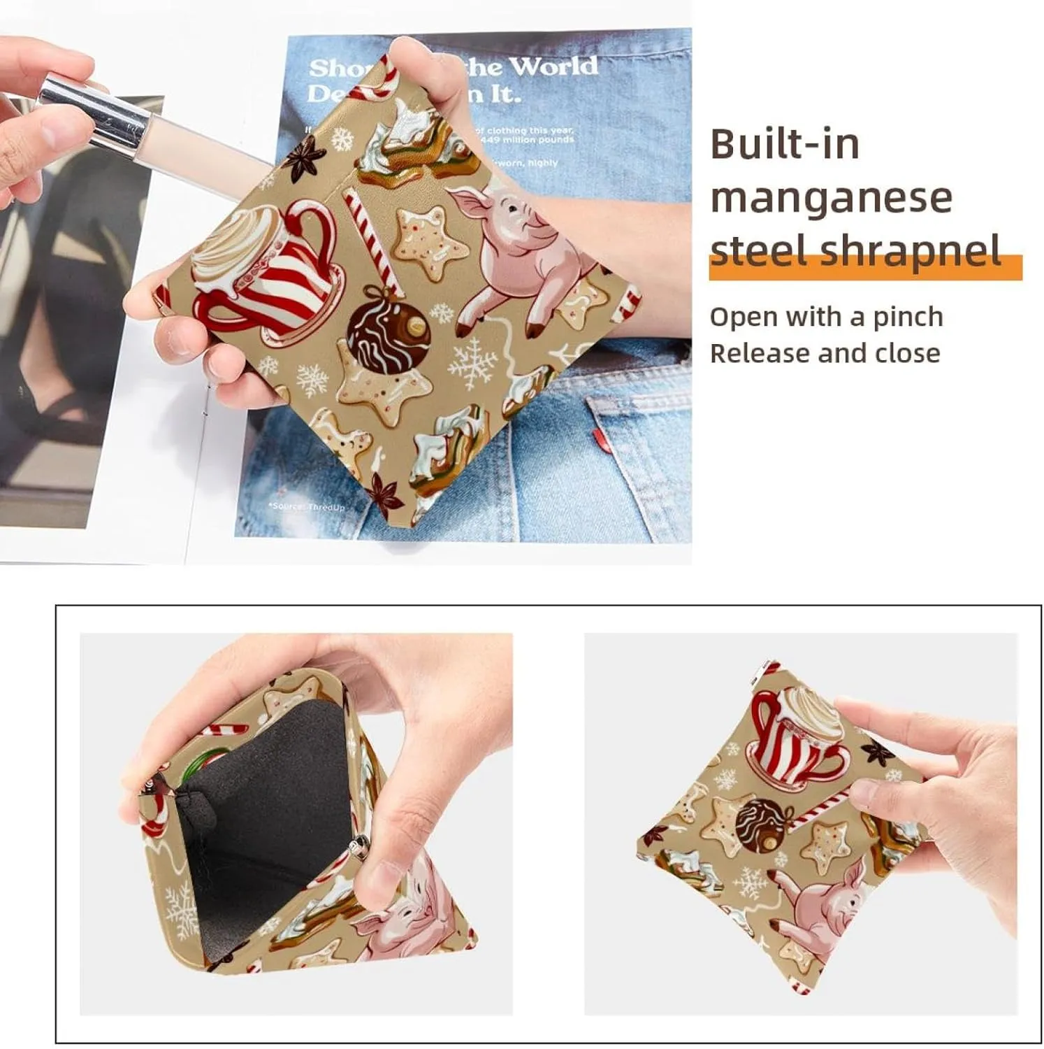 2 Pack Faux Leather Pocket Cosmetic Bag, Small Travel Kit Storage Pouch, Self-Closing Pouches for Purse, Mini Pocket Makeup Bag for Lipstick, Christmas Santa Pig