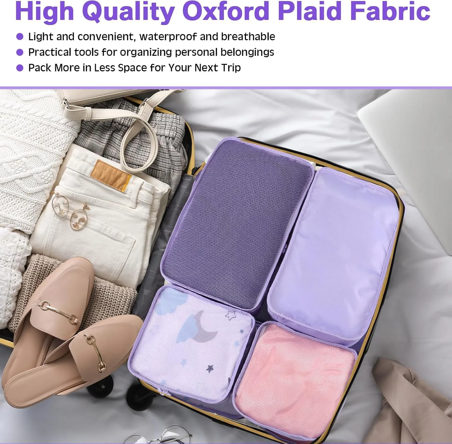 2 Packs 6 Set Travel Packing Cubes Luggage Organizer Set Lightweight Suitcase Organizer Bags with Shoe Bag Travel Packing Organizers for Clothes Cosmetic Toiletries Travel Accessories