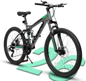 24/26/27.5 Inch, Dual Full Suspension Mountain Bike, 21 Speed Summer Travel, Mens Womens Outdoor Cycling Commuting City Bike to School Work, Birthday Gifts Bicycles