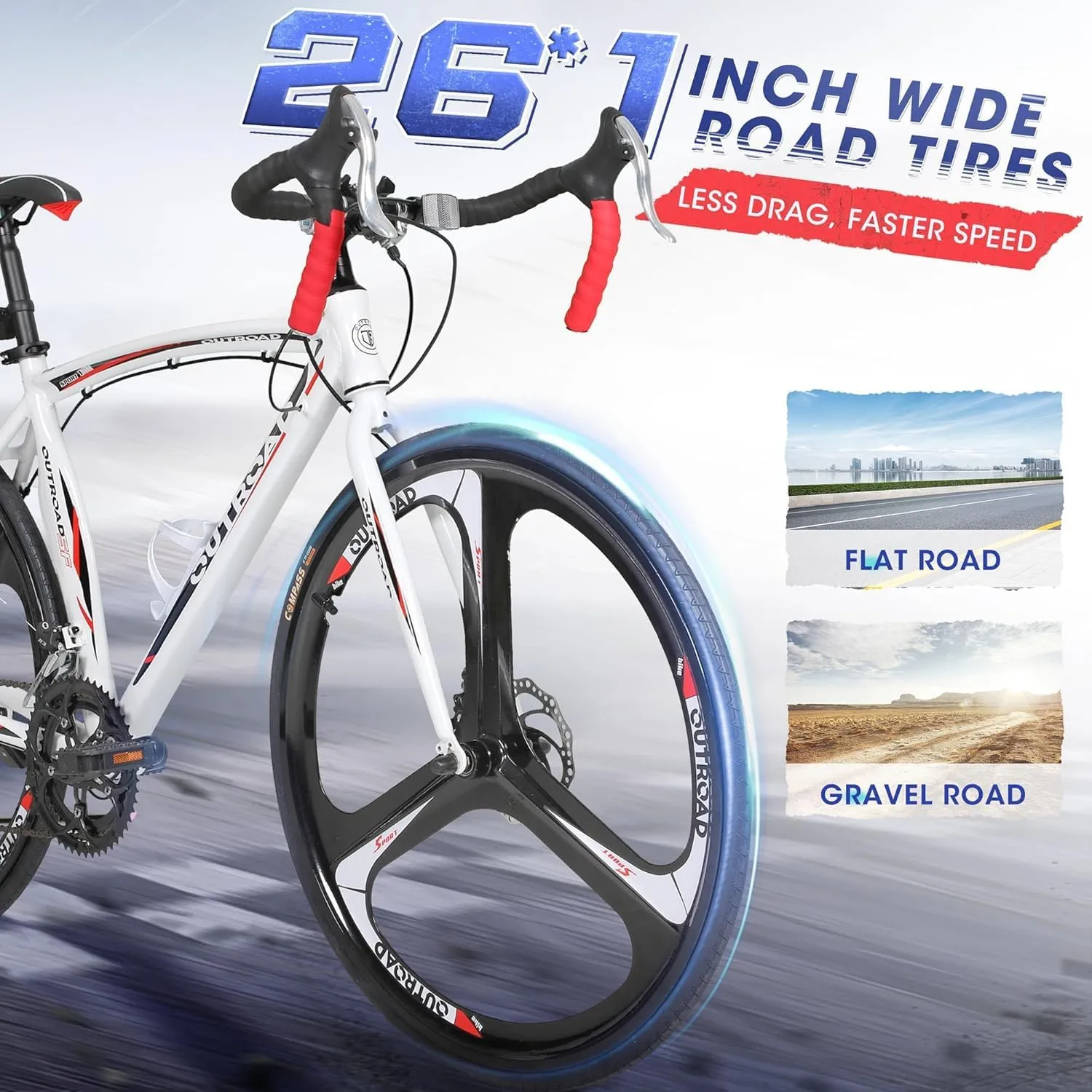 26" Road Bike with Light Aluminum Alloy Frame, 700C Wheel Commuter Bicycle with Dual Disc/V Brakes for Men and Women, 14-21 Speed Adult Faster Racing Bike (Black, Red, Blue, White)