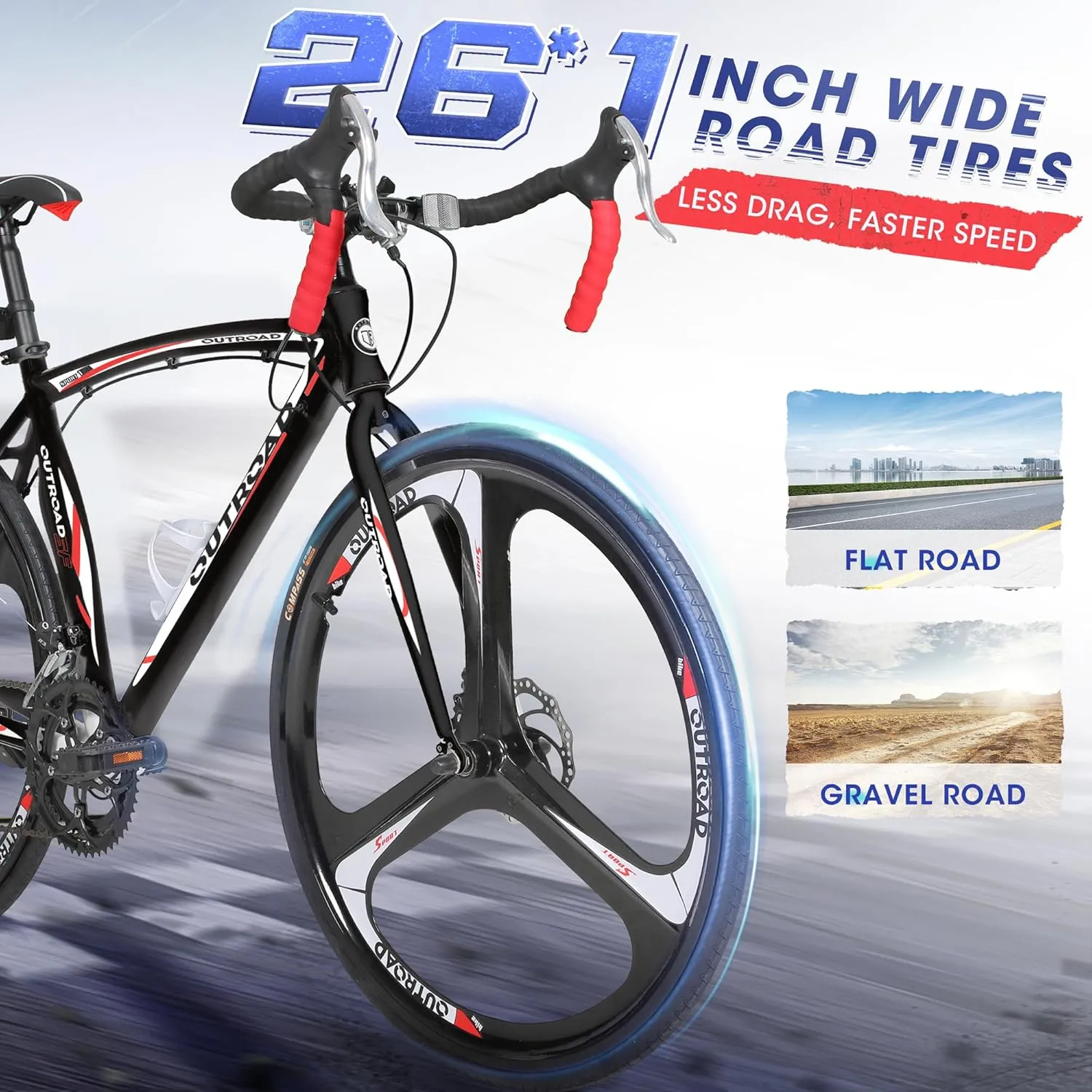 26" Road Bike with Light Aluminum Alloy Frame, 700C Wheel Commuter Bicycle with Dual Disc/V Brakes for Men and Women, 14-21 Speed Adult Faster Racing Bike (Black, Red, Blue, White)