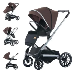 2in1 Baby Stroller,Reversible Seat Stroller,High Land-Scape Portable Foldable Standard Pram with Bassinet Model,Oversized Wheels Luxury Travel Baby Carriage Suit Toddler, Infant (Brown)