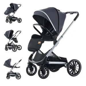 2in1 Baby Stroller,Reversible Seat Stroller,High Land-Scape Portable Foldable Standard Pram with Bassinet Model,Oversized Wheels Luxury Travel Baby Carriage Suit Toddler, Infant (Gray)