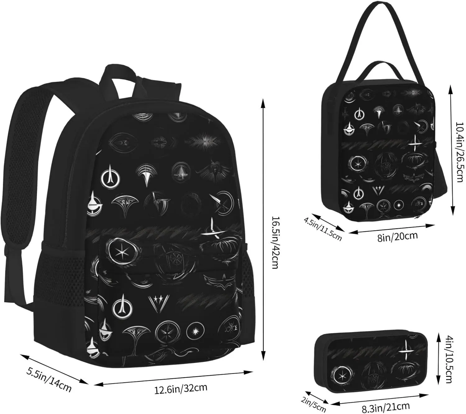 3-In-1 Backpack Bookbag Set,Supernatural Symbols Black Print Print Casual Travel Backpacks,With Pencil Case Pouch, Lunch Bag