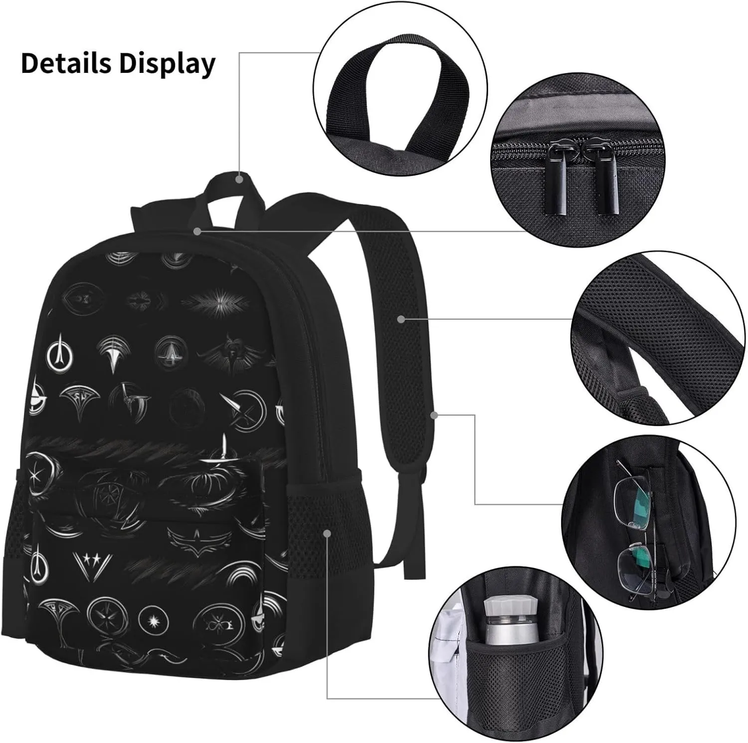 3-In-1 Backpack Bookbag Set,Supernatural Symbols Black Print Print Casual Travel Backpacks,With Pencil Case Pouch, Lunch Bag