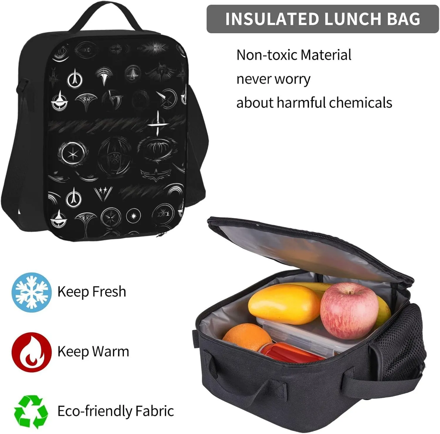 3-In-1 Backpack Bookbag Set,Supernatural Symbols Black Print Print Casual Travel Backpacks,With Pencil Case Pouch, Lunch Bag