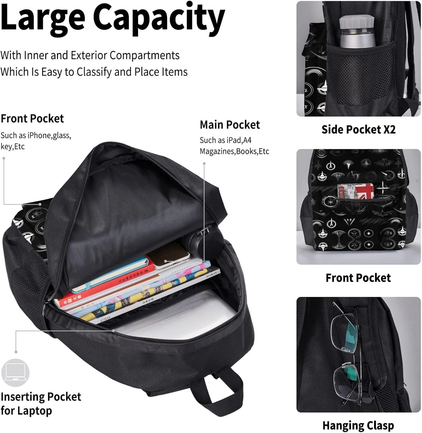 3-In-1 Backpack Bookbag Set,Supernatural Symbols Black Print Print Casual Travel Backpacks,With Pencil Case Pouch, Lunch Bag