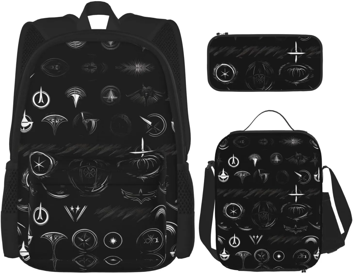 3-In-1 Backpack Bookbag Set,Supernatural Symbols Black Print Print Casual Travel Backpacks,With Pencil Case Pouch, Lunch Bag