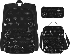 3-In-1 Backpack Bookbag Set,Supernatural Symbols Black Print Print Casual Travel Backpacks,With Pencil Case Pouch, Lunch Bag