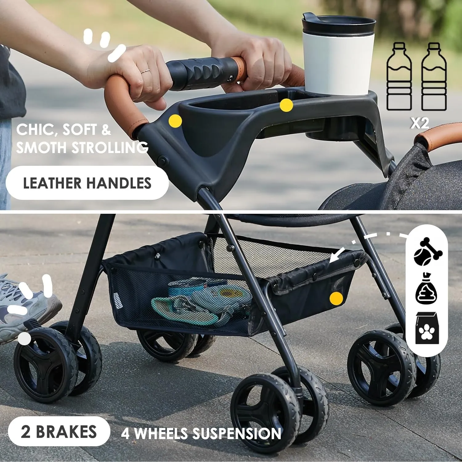 3 in 1 Folding Dog Stroller, Zoosky Pet Stroller for Small/Medium Dogs, Cat Stroller w/Removable Carrier, Car Seat, Sun Shades, Waterproof Small Dog Stroller, All Terrain Cat Stroller for 2 Cats