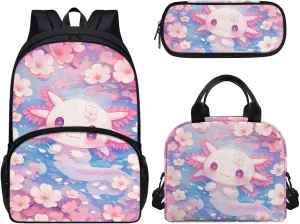 3 Piece Toddler Kindergarten Elementary Axolotl Cherry Blossoms Print Backpack School Bookbag Set with Zipper Pockets Kids Lunch Tote Bag Handbags Pencil Case