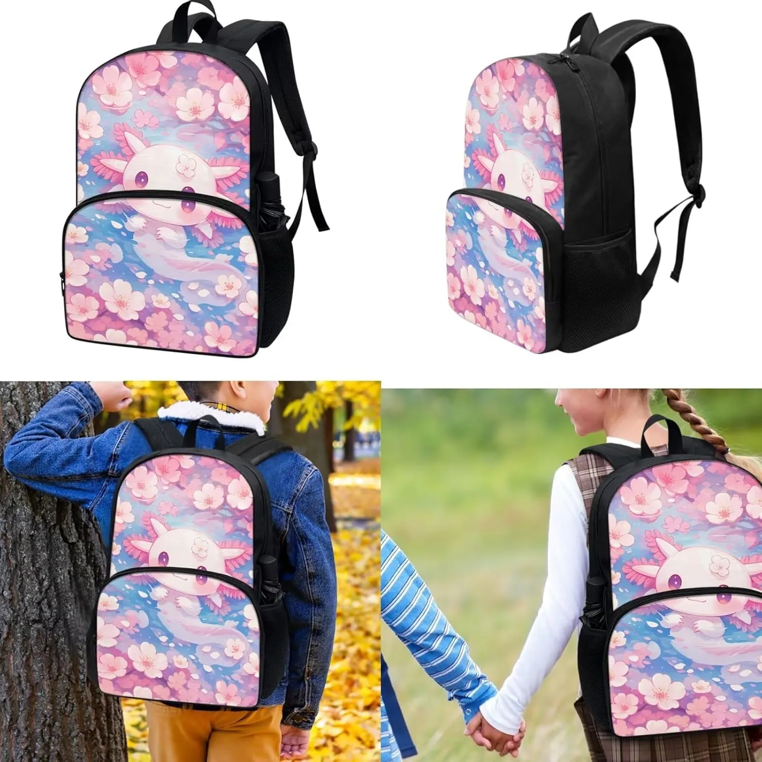 3 Piece Toddler Kindergarten Elementary Axolotl Cherry Blossoms Print Backpack School Bookbag Set with Zipper Pockets Kids Lunch Tote Bag Handbags Pencil Case