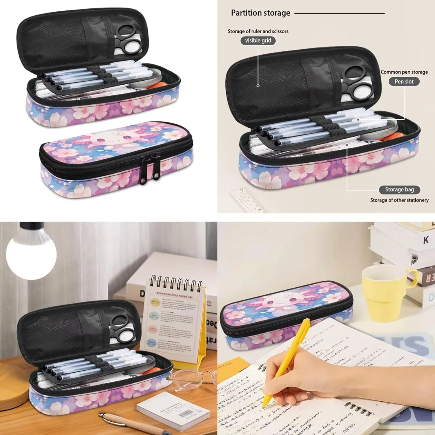 3 Piece Toddler Kindergarten Elementary Axolotl Cherry Blossoms Print Backpack School Bookbag Set with Zipper Pockets Kids Lunch Tote Bag Handbags Pencil Case