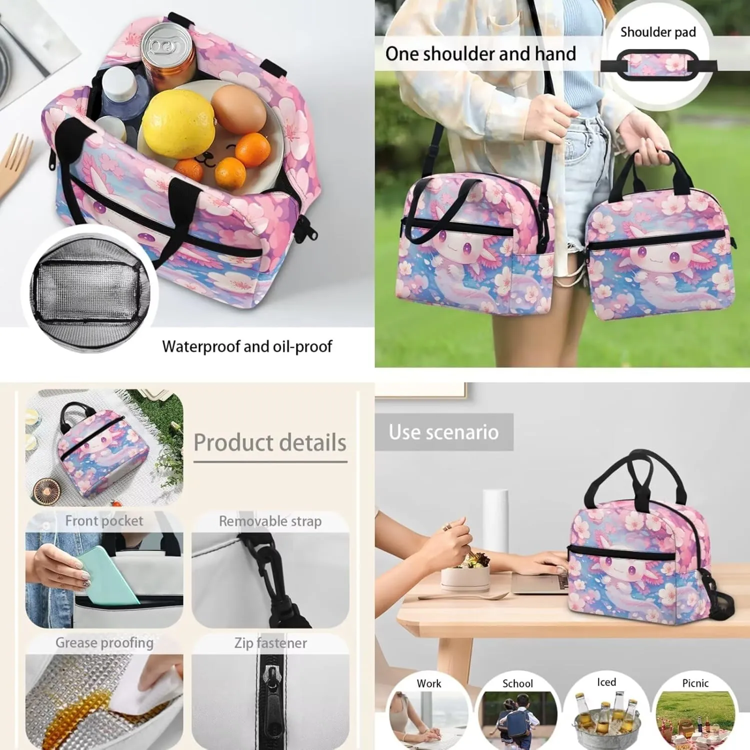 3 Piece Toddler Kindergarten Elementary Axolotl Cherry Blossoms Print Backpack School Bookbag Set with Zipper Pockets Kids Lunch Tote Bag Handbags Pencil Case