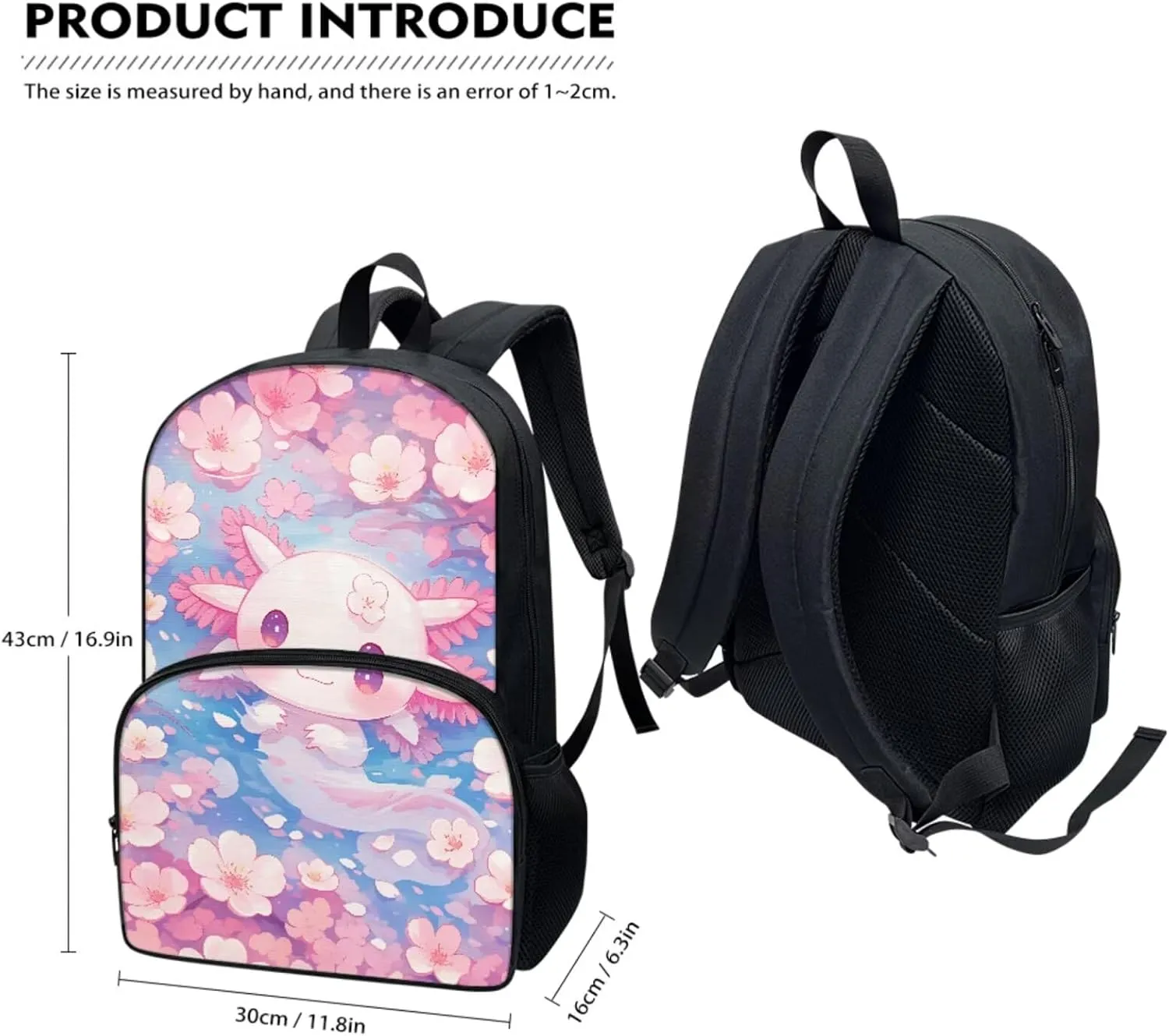 3 Piece Toddler Kindergarten Elementary Axolotl Cherry Blossoms Print Backpack School Bookbag Set with Zipper Pockets Kids Lunch Tote Bag Handbags Pencil Case