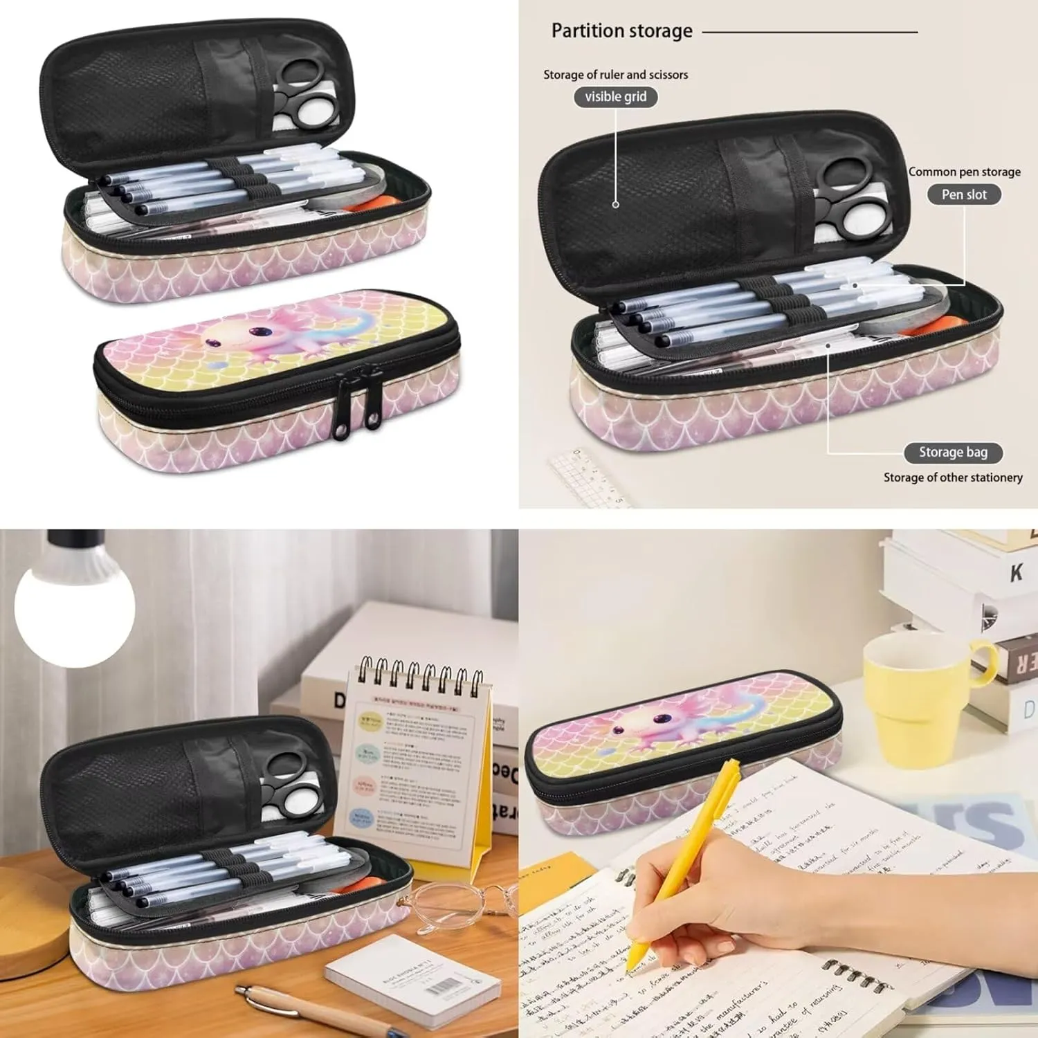 3 Piece Toddler Kindergarten Elementary Axolotl Mermaid Print Backpack School Bookbag Set with Zipper Pockets Kids Lunch Tote Bag Handbags Pencil Case