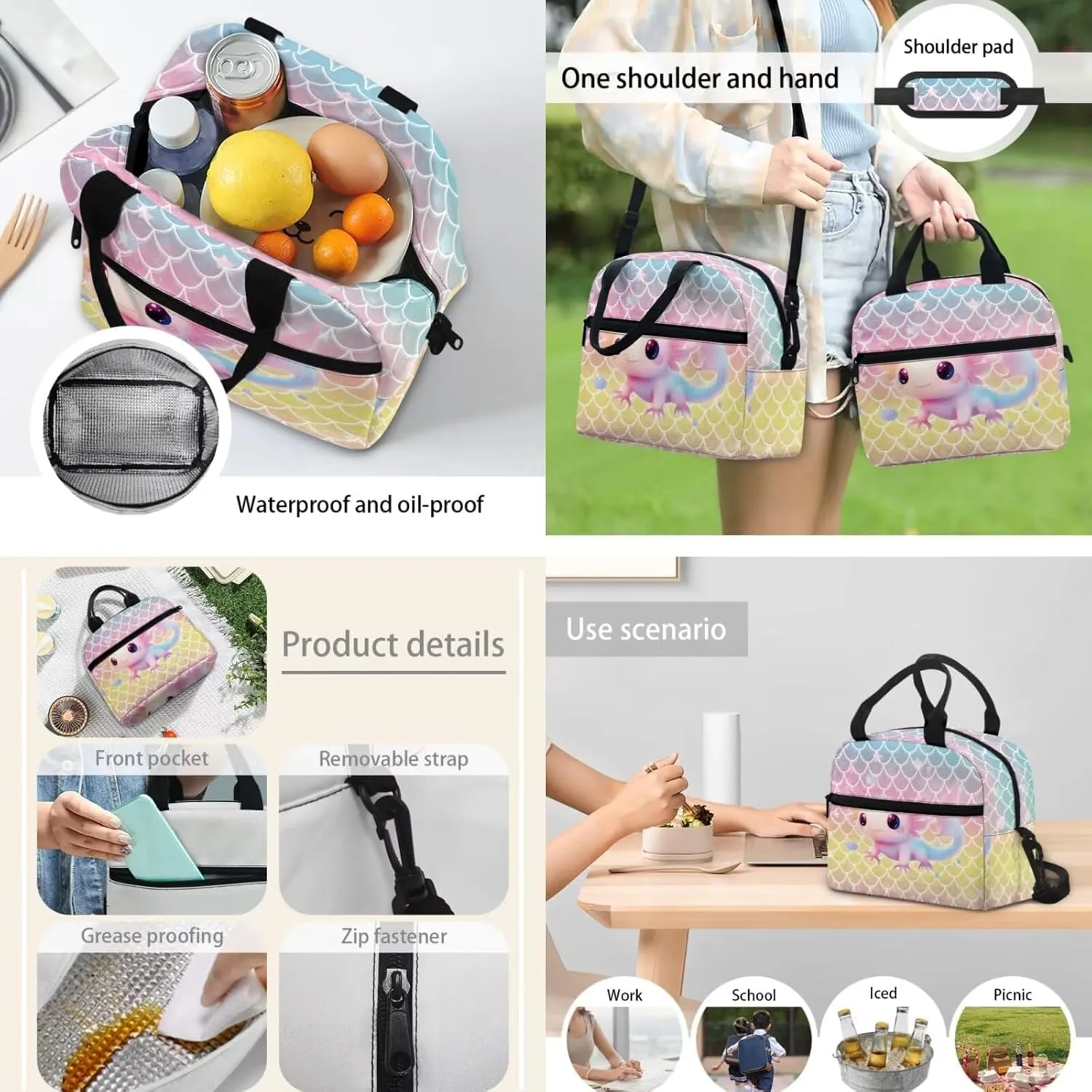 3 Piece Toddler Kindergarten Elementary Axolotl Mermaid Print Backpack School Bookbag Set with Zipper Pockets Kids Lunch Tote Bag Handbags Pencil Case