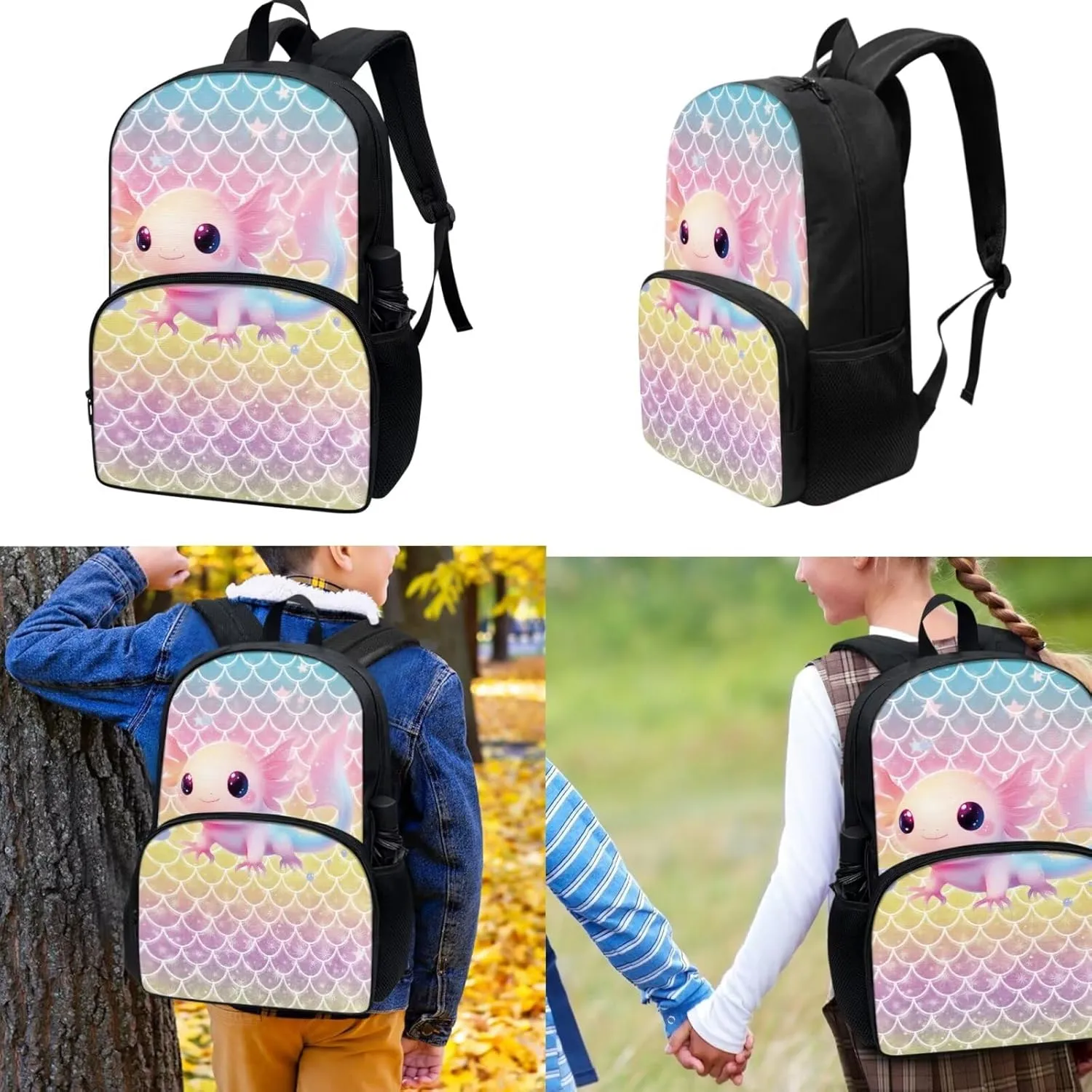 3 Piece Toddler Kindergarten Elementary Axolotl Mermaid Print Backpack School Bookbag Set with Zipper Pockets Kids Lunch Tote Bag Handbags Pencil Case