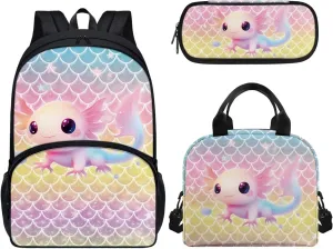 3 Piece Toddler Kindergarten Elementary Axolotl Mermaid Print Backpack School Bookbag Set with Zipper Pockets Kids Lunch Tote Bag Handbags Pencil Case