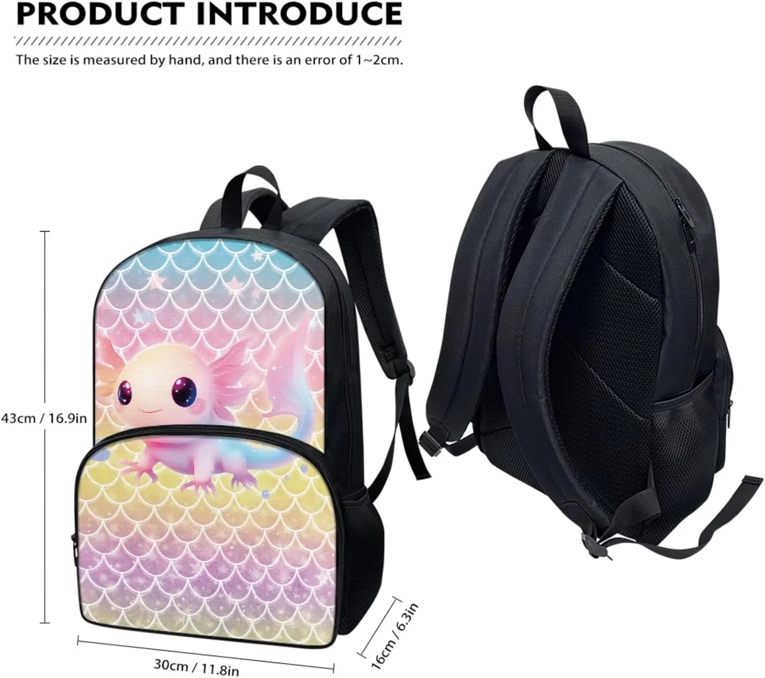 3 Piece Toddler Kindergarten Elementary Axolotl Mermaid Print Backpack School Bookbag Set with Zipper Pockets Kids Lunch Tote Bag Handbags Pencil Case