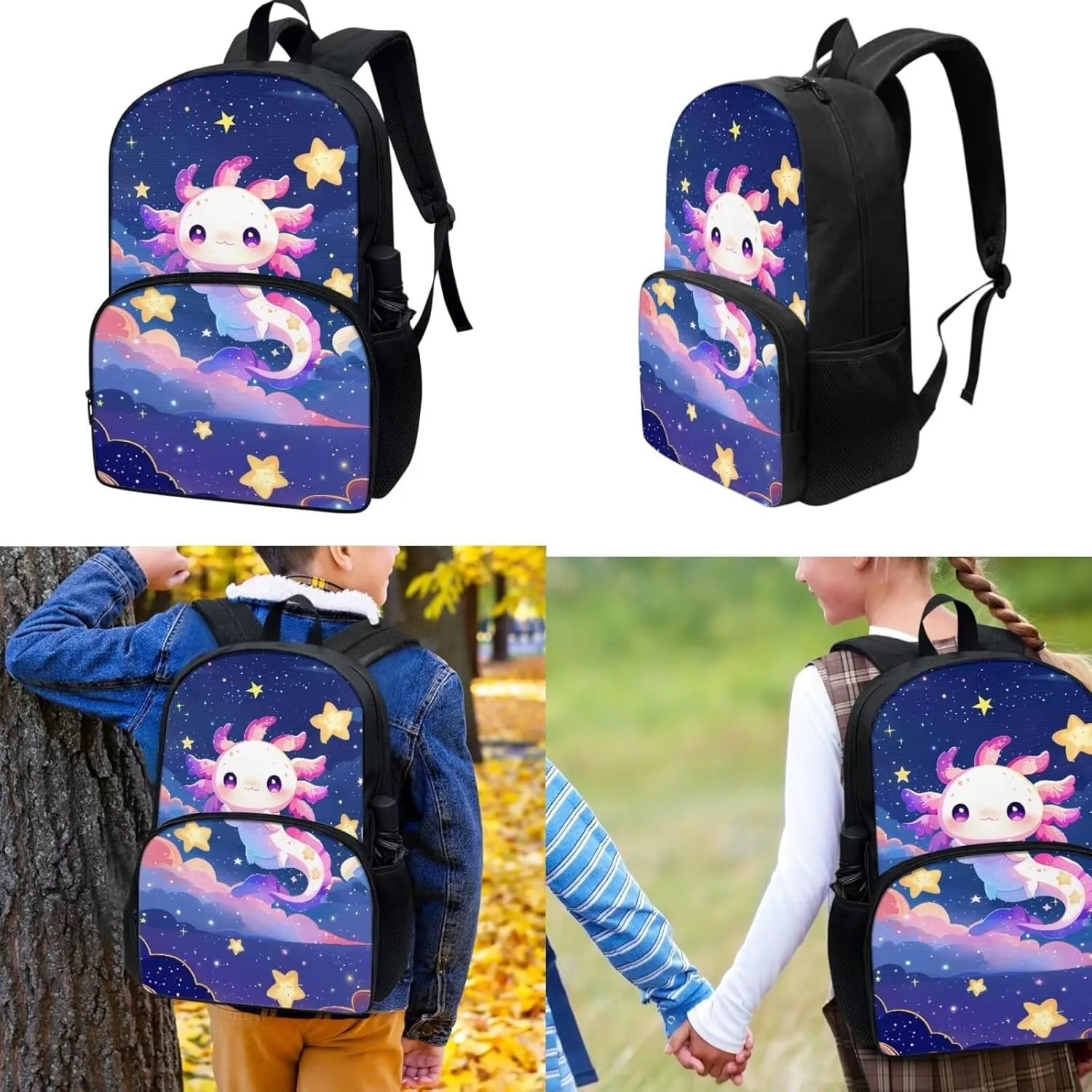 3 Piece Toddler Kindergarten Elementary Axolotl Star Print Backpack School Bookbag Set with Zipper Pockets Kids Lunch Tote Bag Handbags Pencil Case