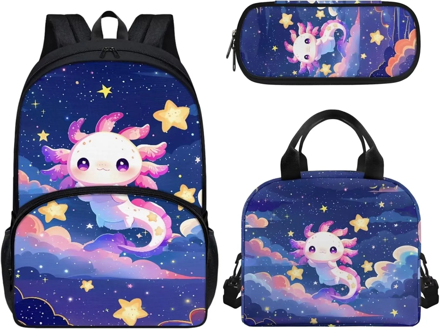 3 Piece Toddler Kindergarten Elementary Axolotl Star Print Backpack School Bookbag Set with Zipper Pockets Kids Lunch Tote Bag Handbags Pencil Case