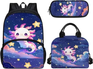 3 Piece Toddler Kindergarten Elementary Axolotl Star Print Backpack School Bookbag Set with Zipper Pockets Kids Lunch Tote Bag Handbags Pencil Case